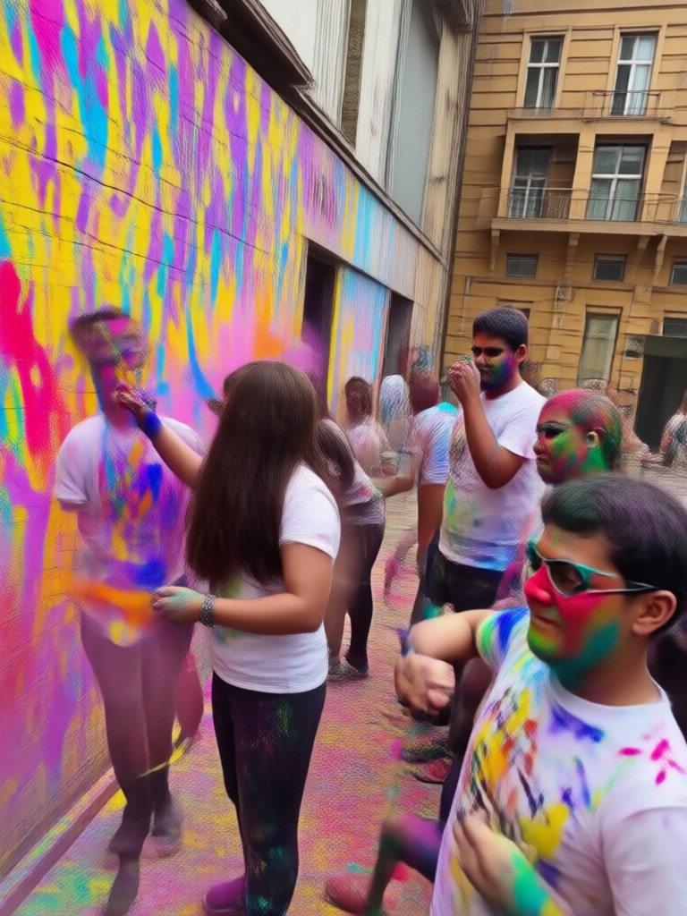 Group photo with festive Holi gulal effects