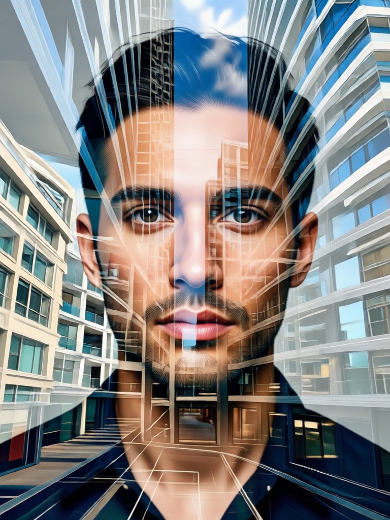 portrait fused with a geometric brutalist concrete structure
