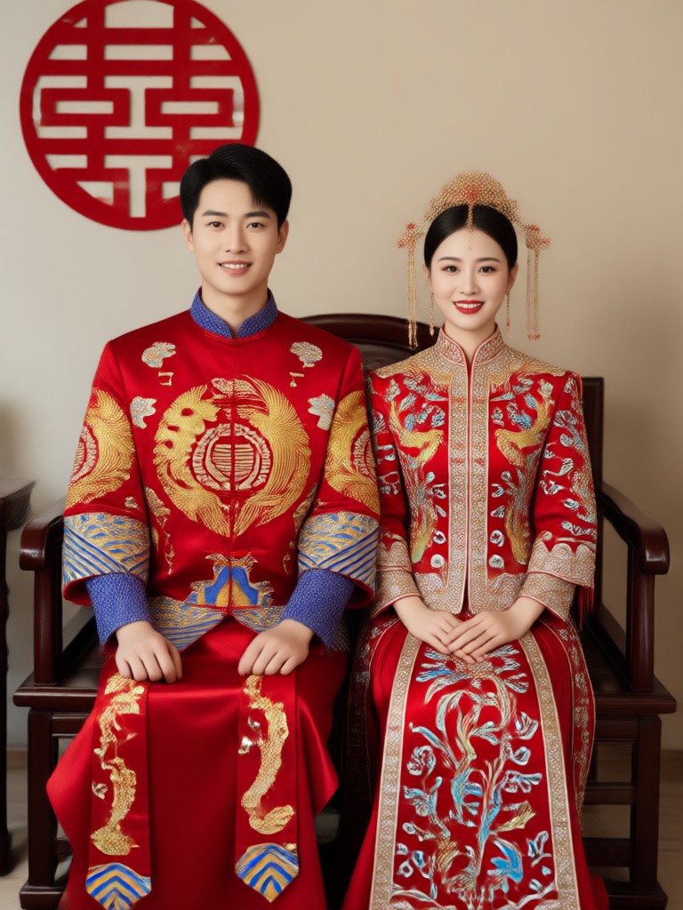 Mongolian deel wedding couple traditional photo AI