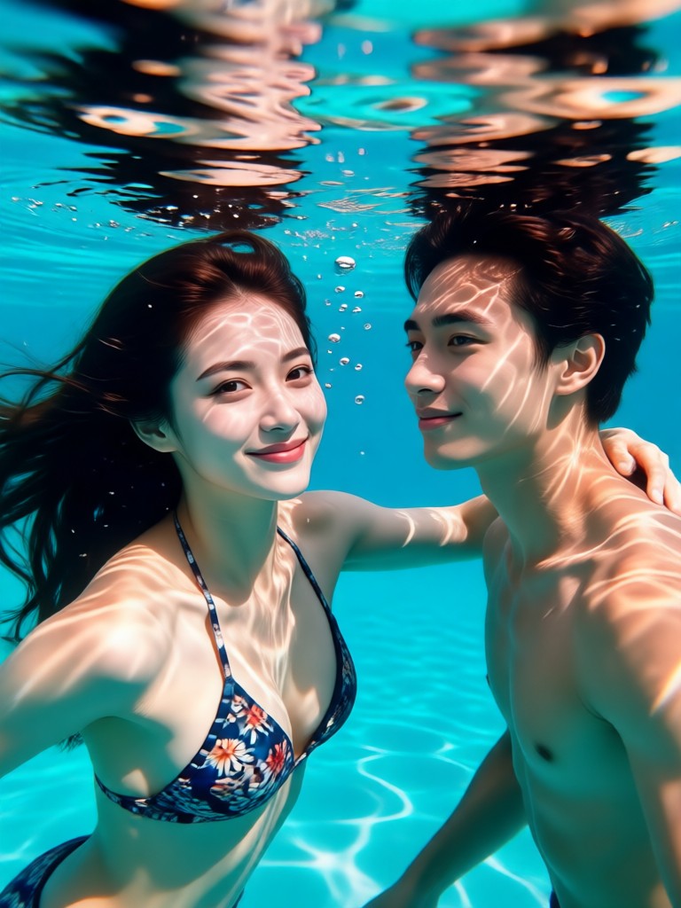 Cinematic wide shot underwater couple portrait