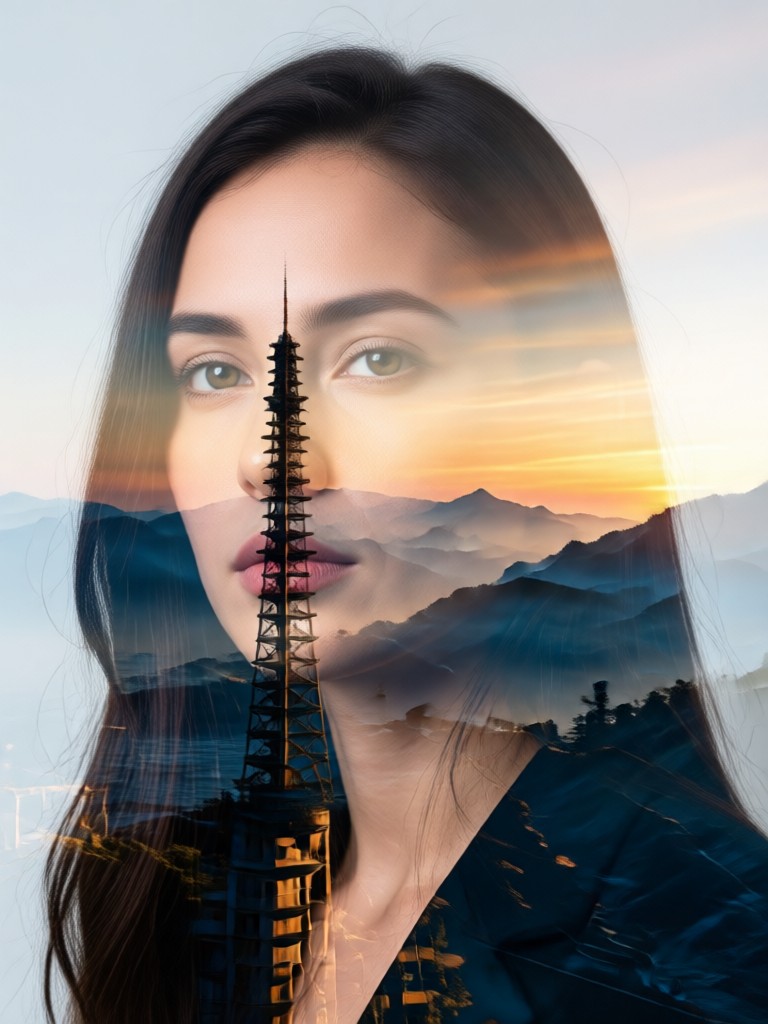 Portrait with ocean wave double exposure