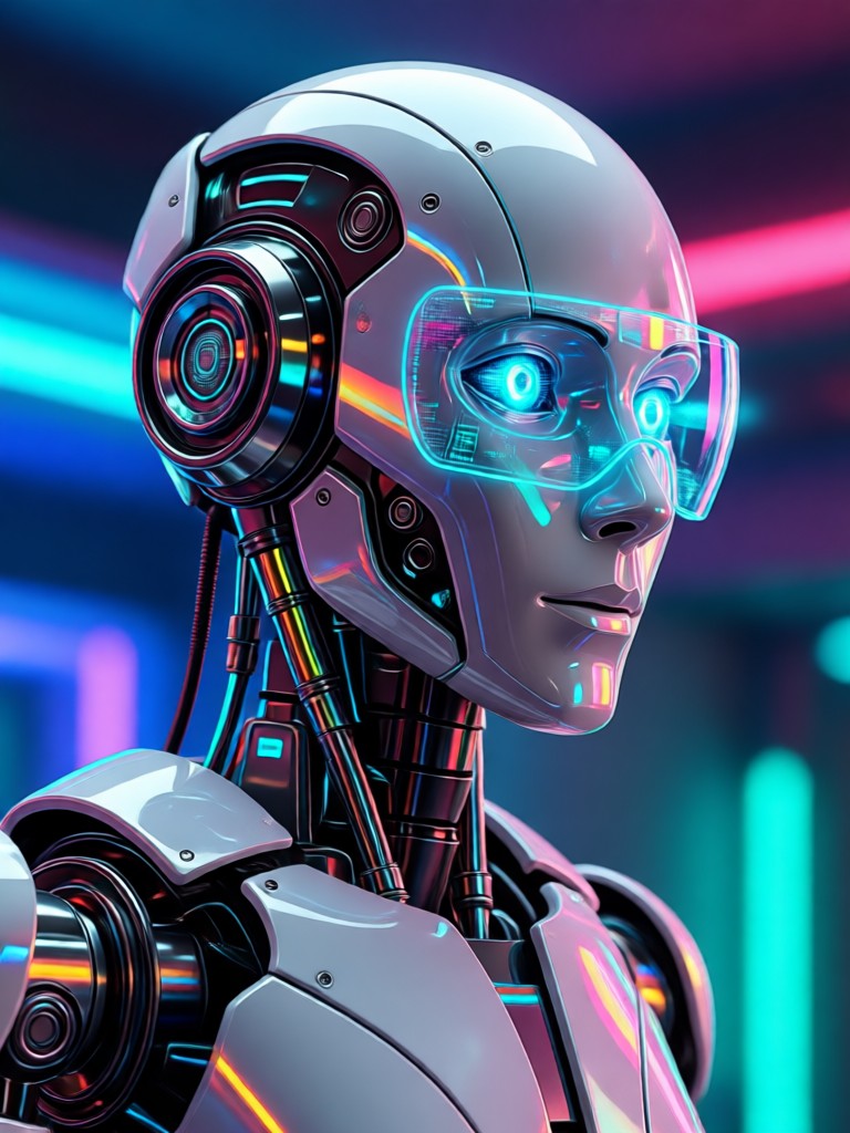 AI robot filter result character with data stream particle effects