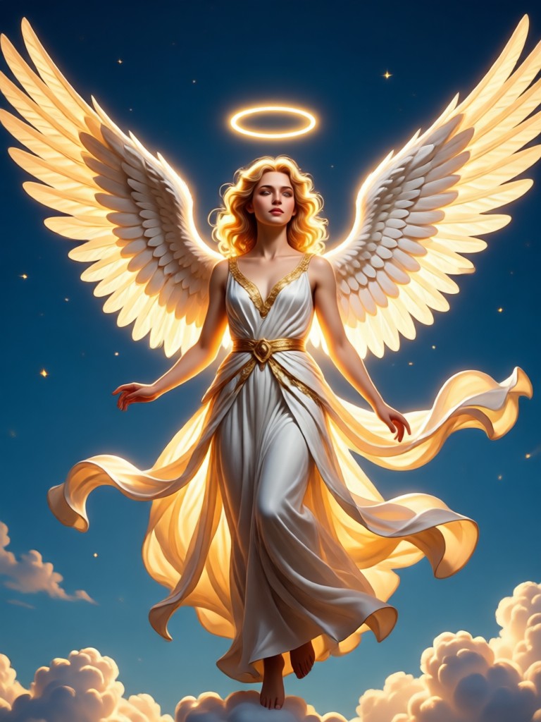 Battle angel with radiant aura and celestial weapons