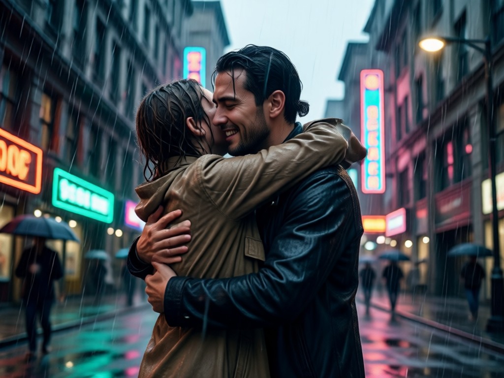 Comparison showing photo transformed into rainy embrace video