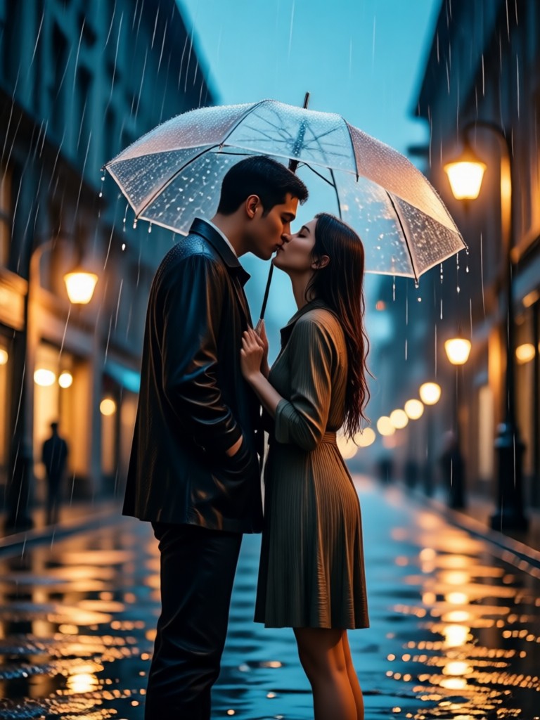 AI rainy kiss video inspired by classic Hollywood films