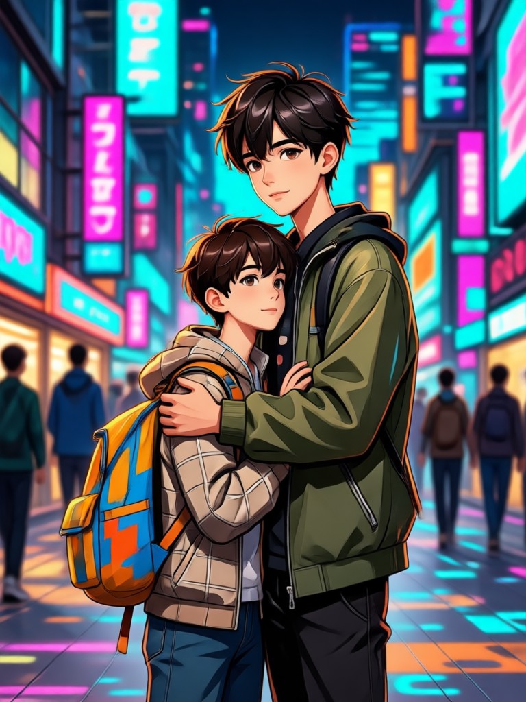 Dramatic lighting AI hug portrait