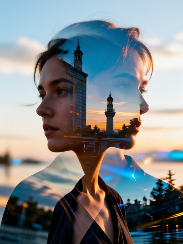Couple and pet combined in a playful double exposure
