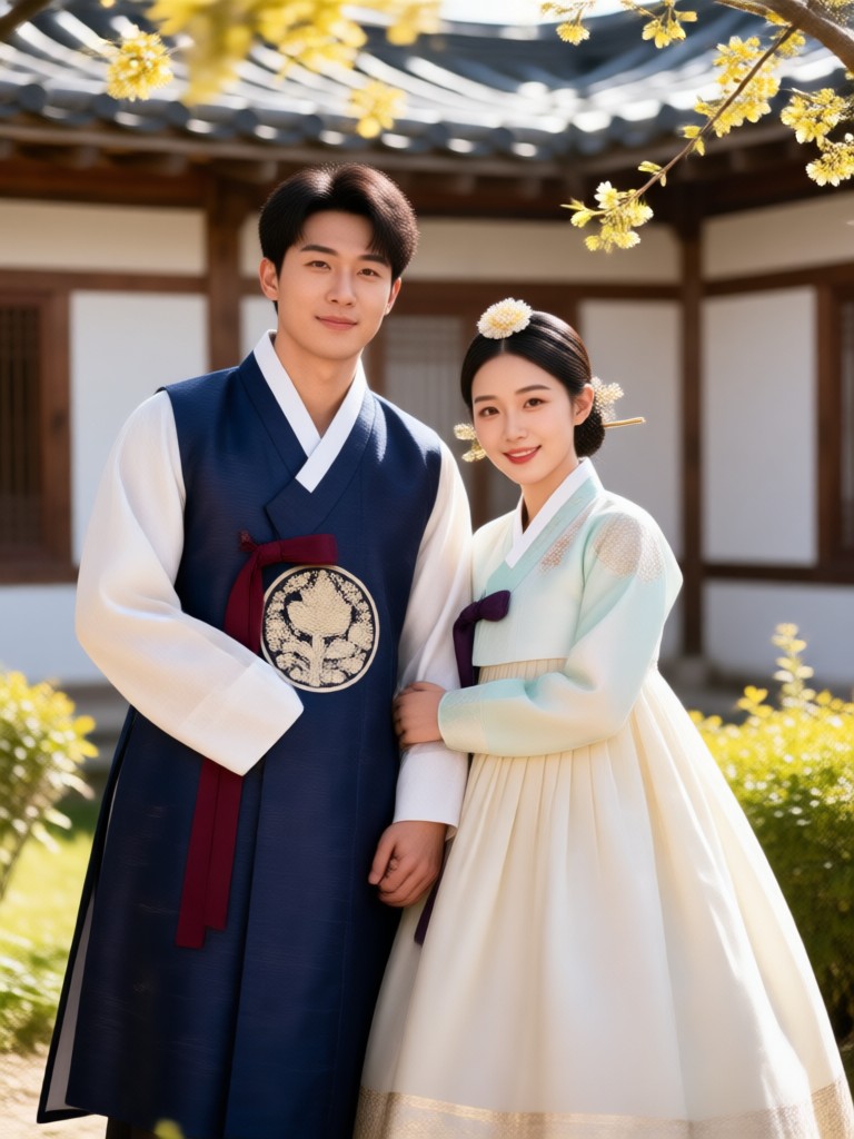 Colorful everyday Hanbok couple portrait in traditional village