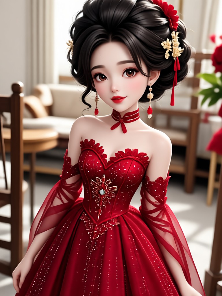 Back view of a stunning AI red wedding gown