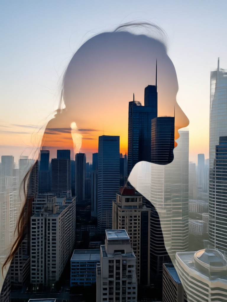 dramatic cityscape double exposure silhouette