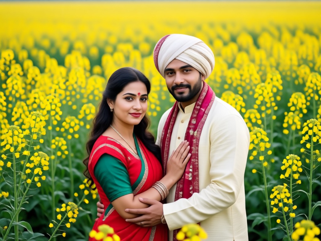 Realistic blending of couple into mustard field scenery