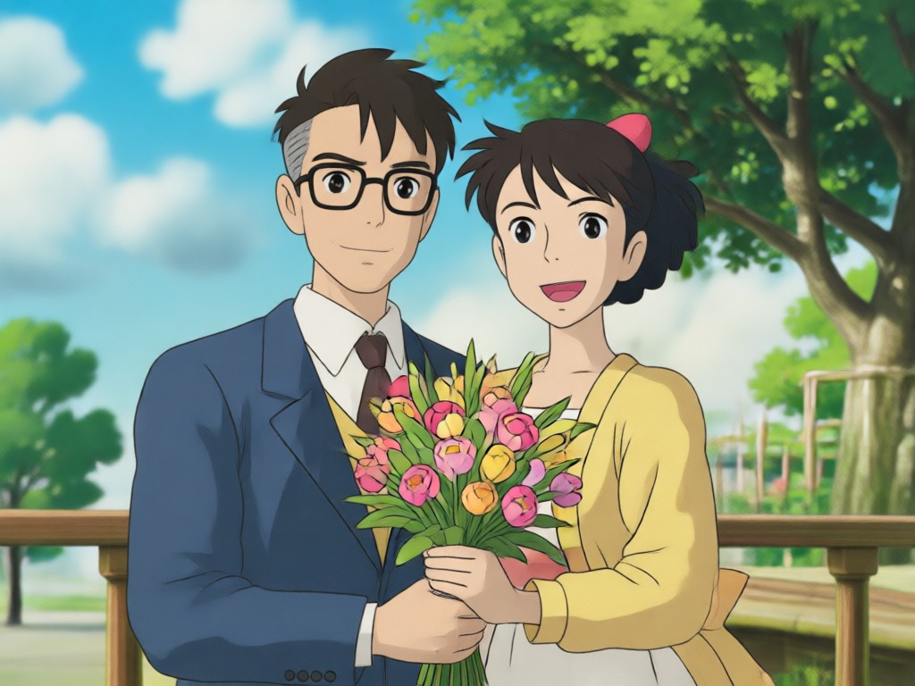 AI applying authentic Ghibli art style to a couple photo