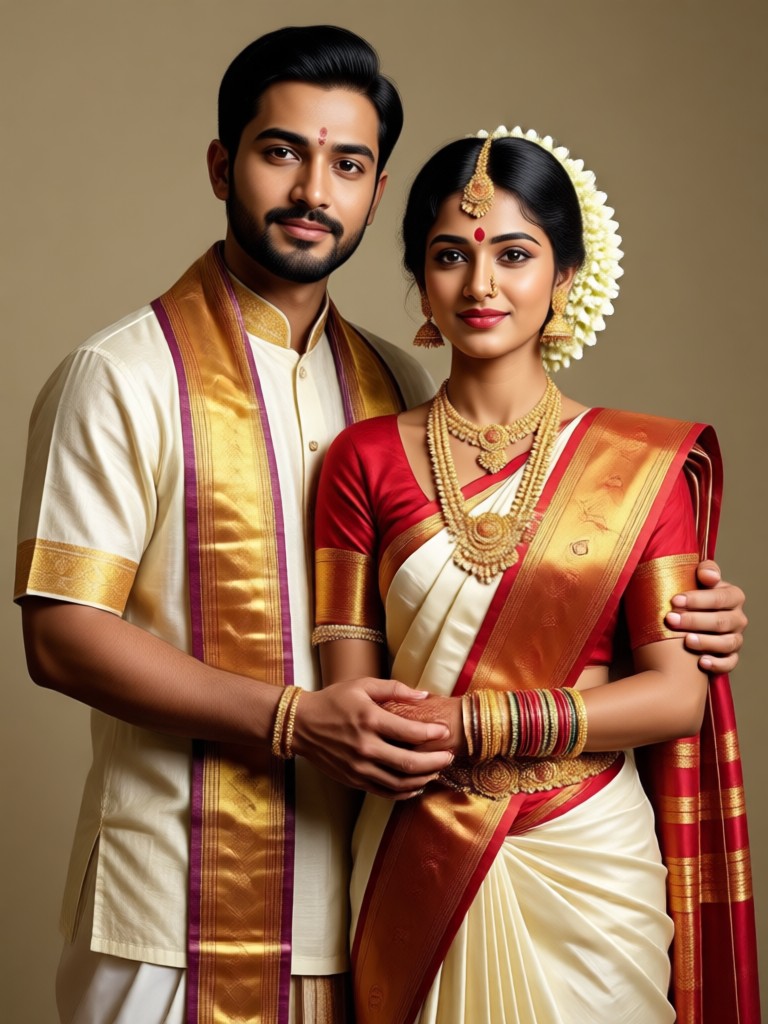 Potret pengantin perempuan Tamil dalam saree kanjivaram yang dihasilkan AI