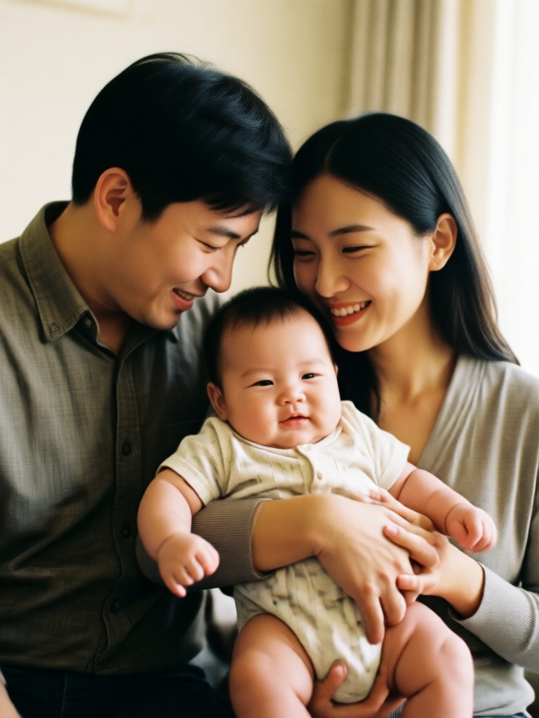 App preview showing couple with baby filter