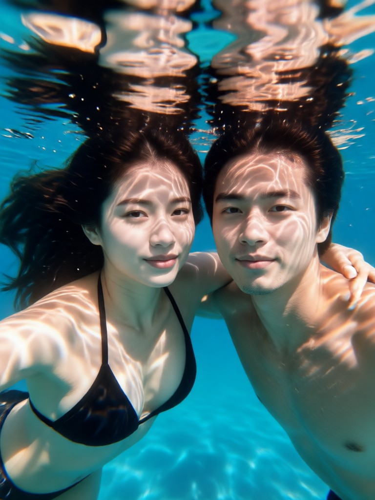Couple portrait in the water with sun rays filtering through