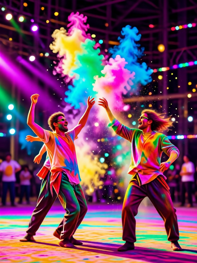 Group photo with dynamic Holi color splash AI effect