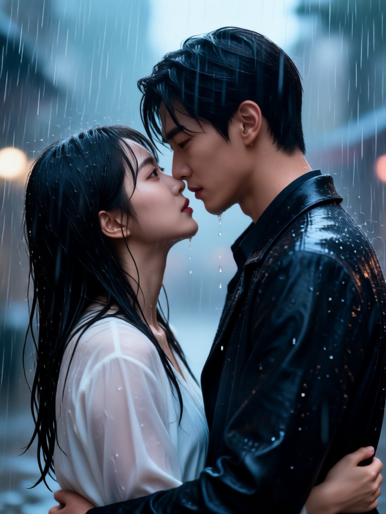 Escena intensa y melodramática de beso bajo la lluvia