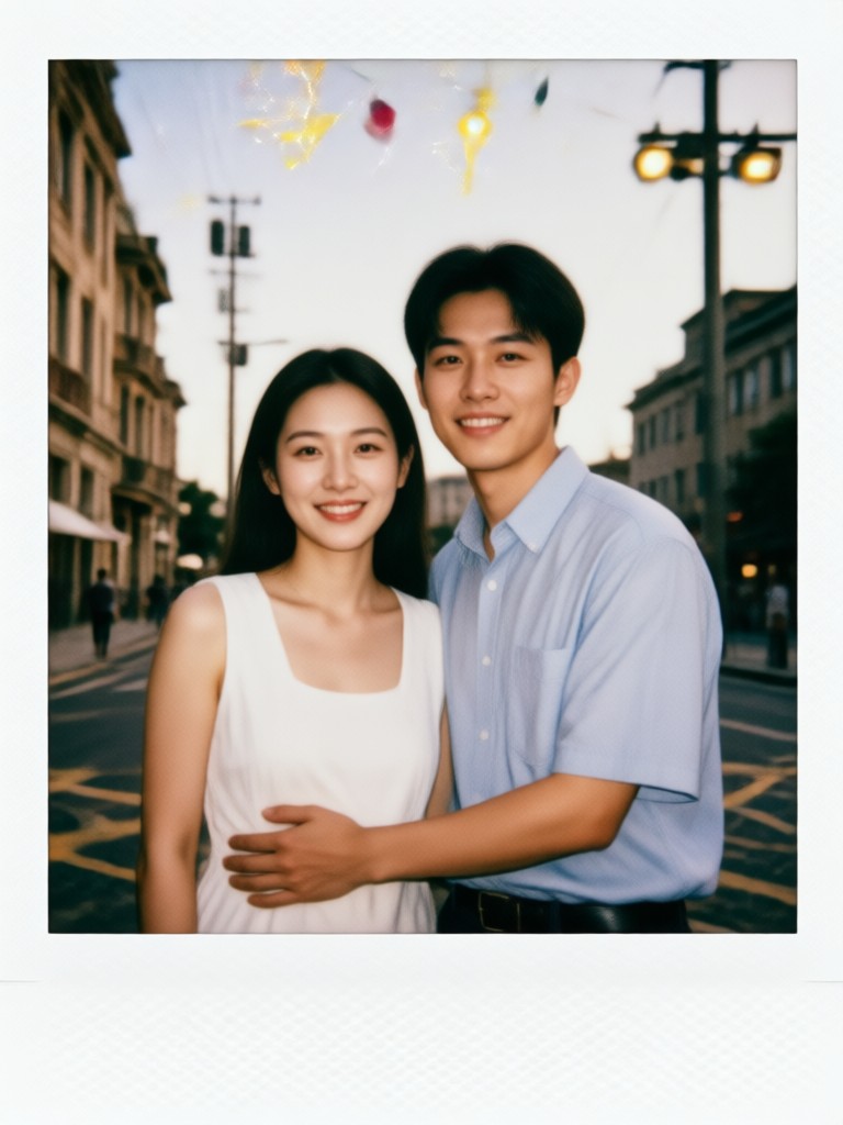 Vintage 70s style polaroid couple picture with faded colors