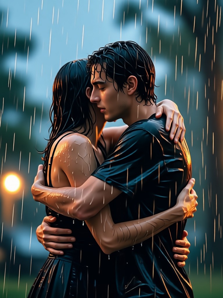 Dramatic black and white two photos hugging in rain