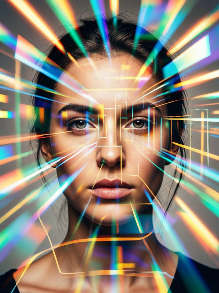 Portrait fused with glowing circuit board lines
