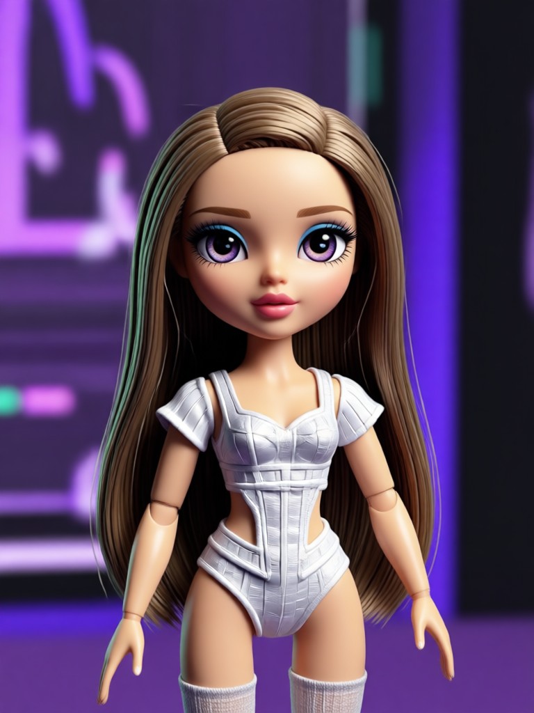 Bratz doll transformation with blue eyeshadow and hoop earrings