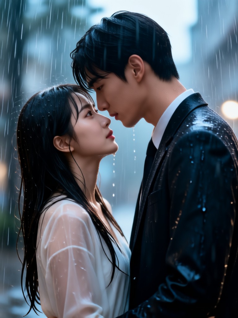 Pareja compartiendo un paraguas bajo la lluvia cinematográfica