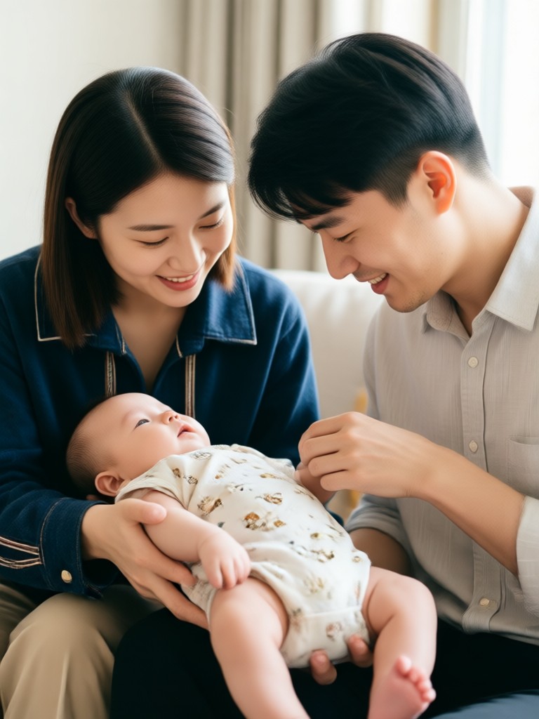 Family portrait with smiling toddler AI filter