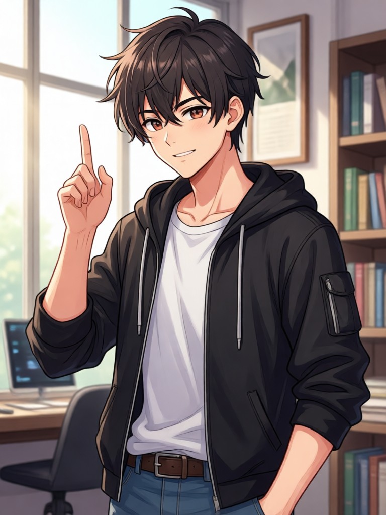 Modern streetwear anime character with detailed clothing