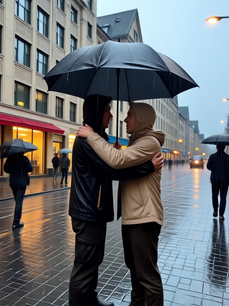 Emotional farewell hug in the rain