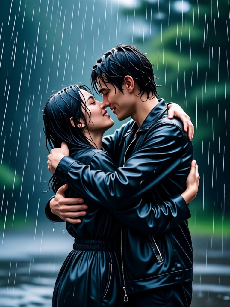 Warm embrace under streetlight rain effect