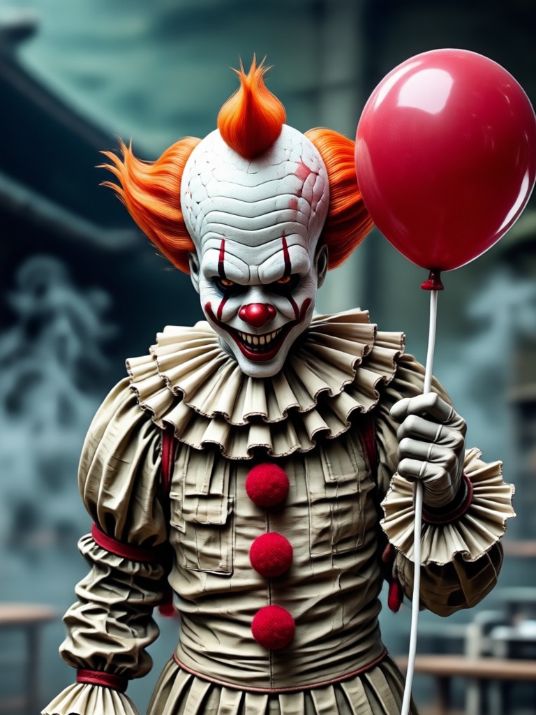 AI generated Pennywise holding a red balloon in a sewer