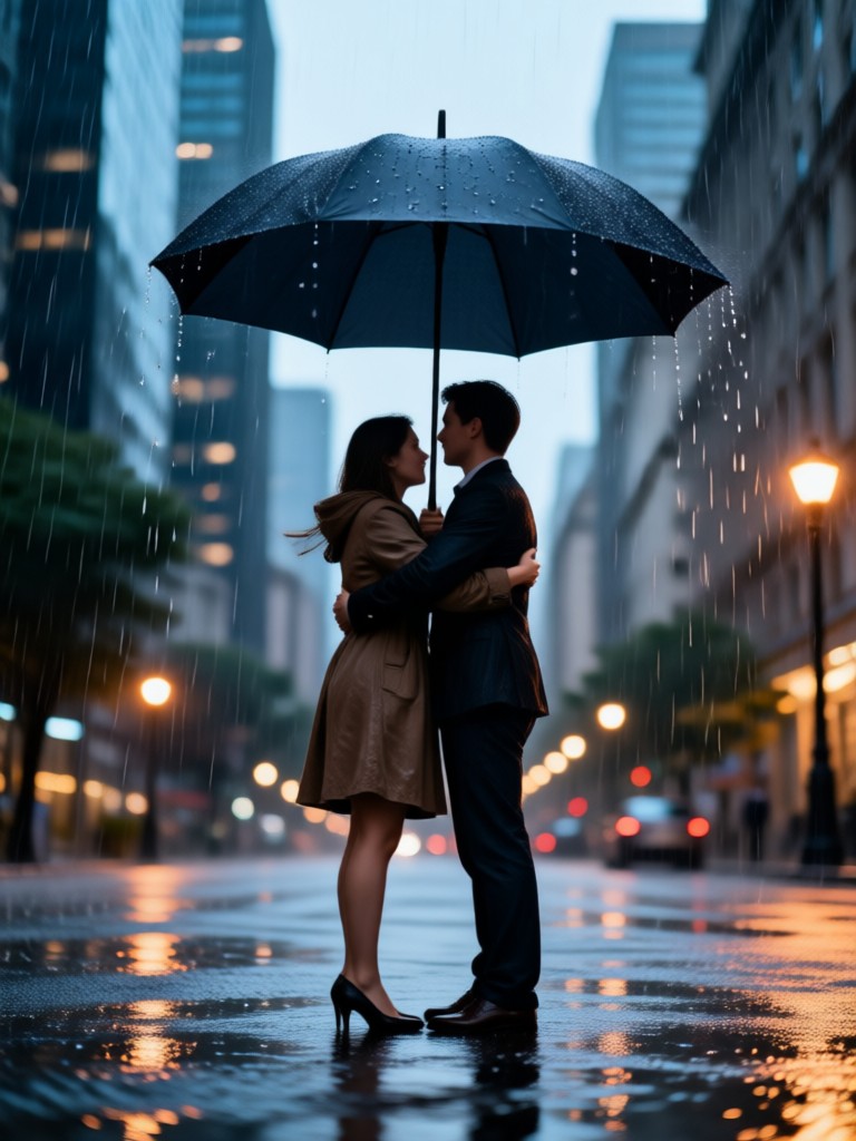 Long distance couple hug at train station in rain