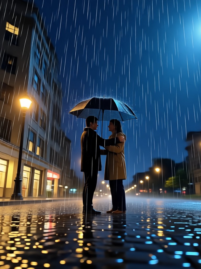 霧雨のかかる雨の公園を歩くシルエット
