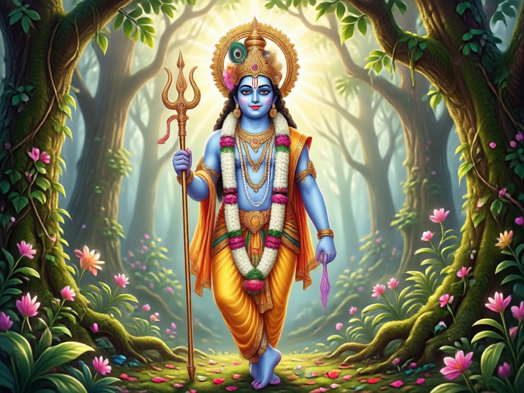 Group photo transformed into a scene with Krishna and devotees