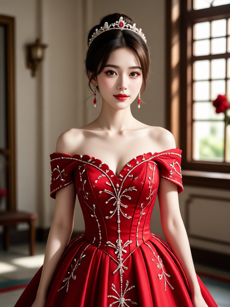 Phone screen showing the red wedding dress AI filter in action
