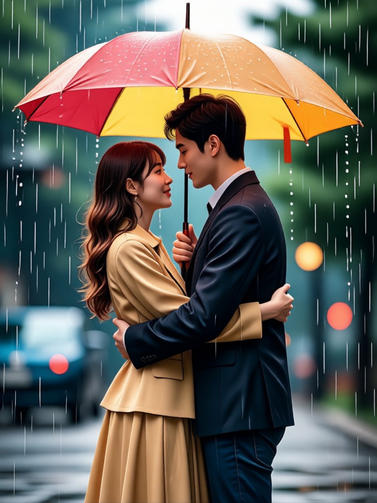 AI generated couple embrace video in the rain