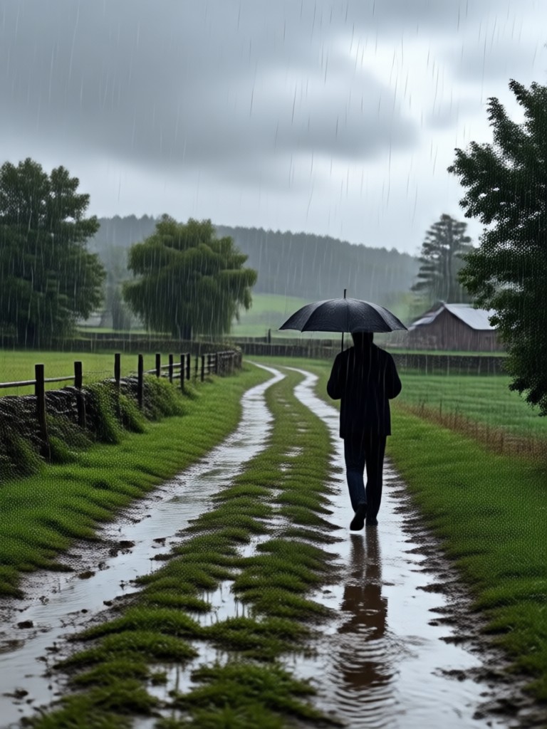 Rainy day scene with a solitary farmhouse AI