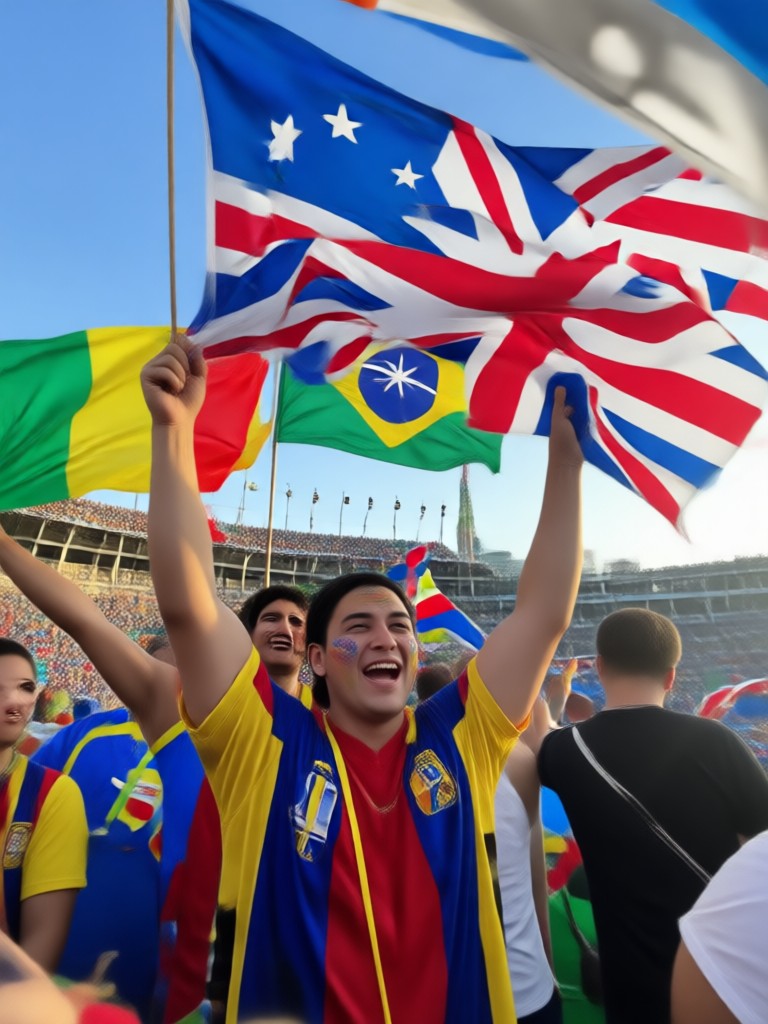 Fan wearing Argentina jersey and holding scarf in stadium