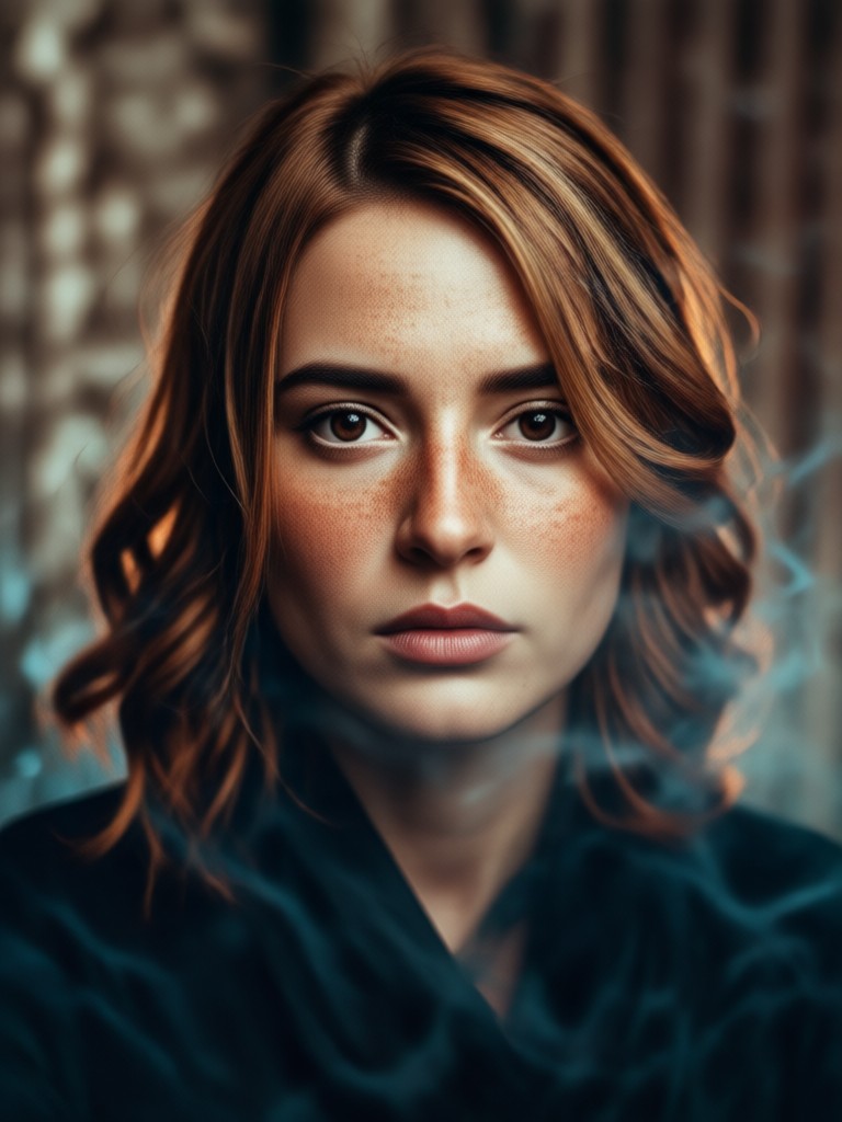 retrato cinematográfico con humo interactuando con el cabello