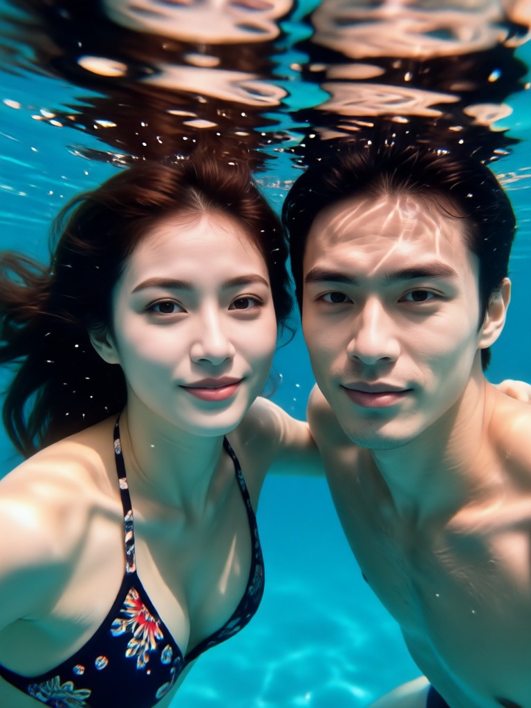 Artistic watercolor style underwater couple portrait