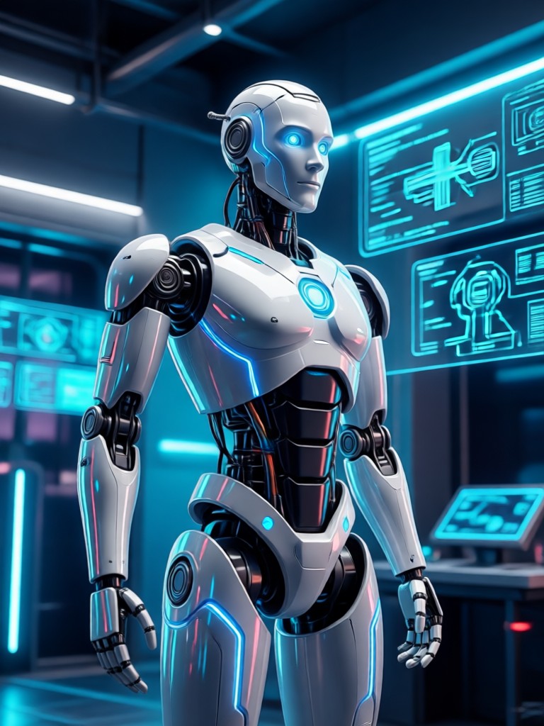 Cyborg transformation with half human half robotic face and mechanical eye