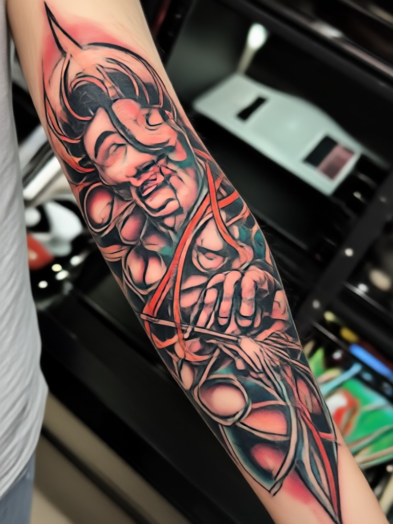 Animal tattoo of a lion in illustrative style