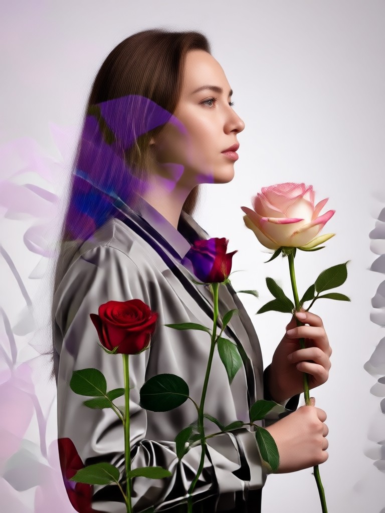 Vibrant orchid floral pattern merged with profile portrait