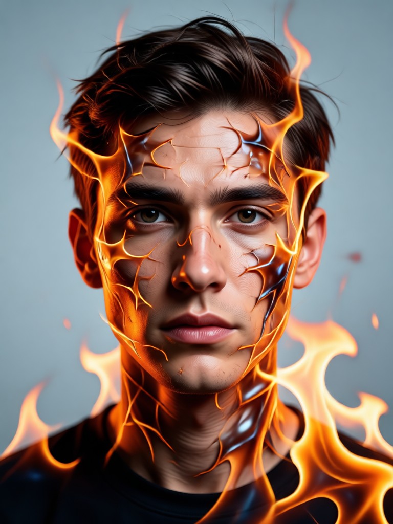 Fire double exposure portrait with embers