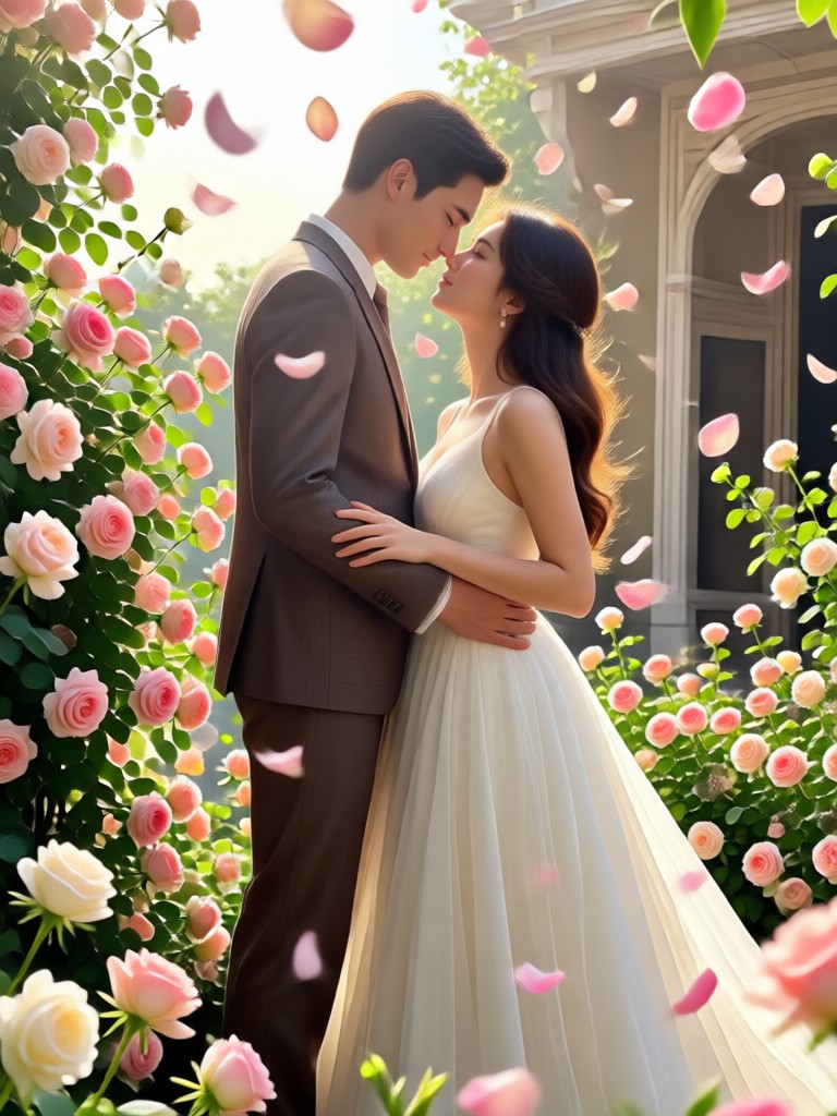 AI generated engagement photo with rose petal heart shape