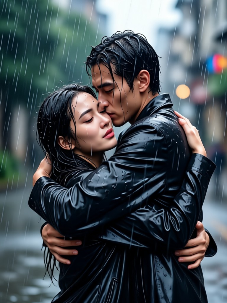Friends embracing in storm AI video