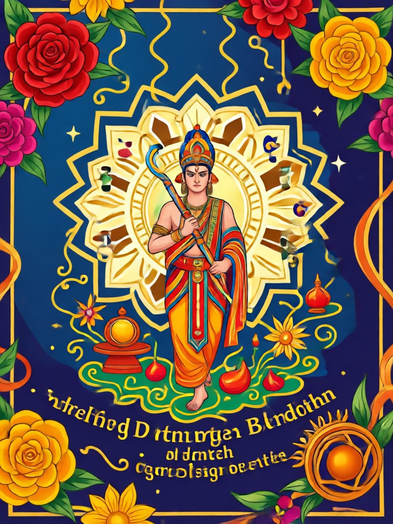 Festive card with marigold flowers and traditional motifs