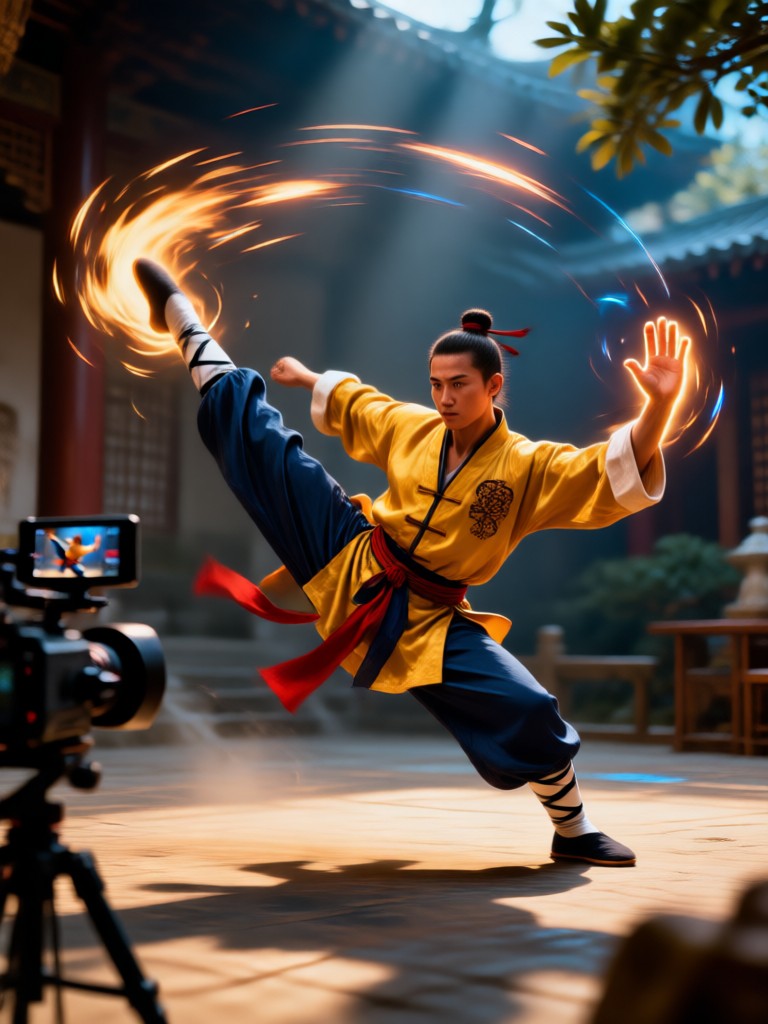 Kungfu master in traditional robes performing a form