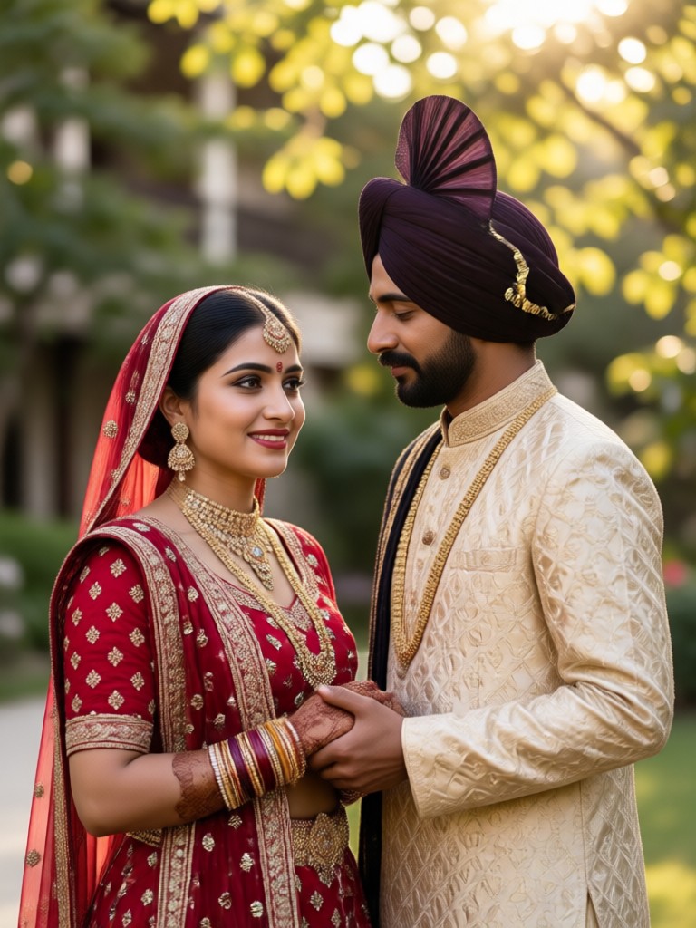 Traditional couple with shehnai player in background AI