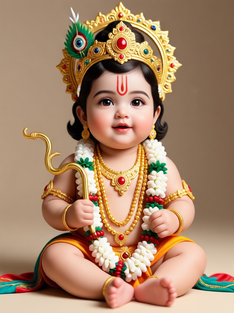Playful little Krishna in a garden with cows